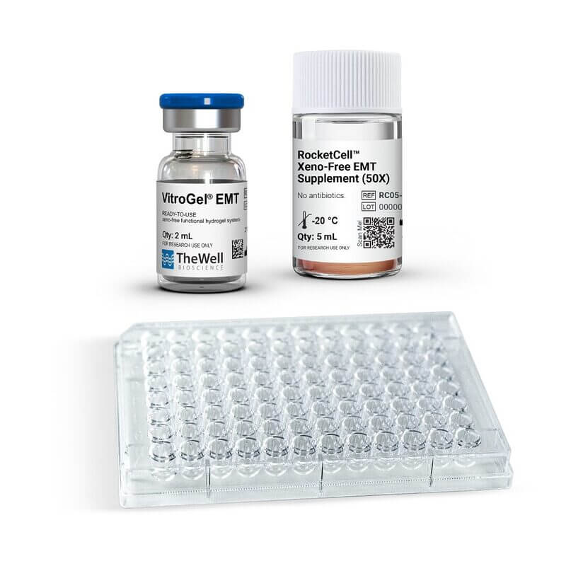 Two small glass vials labeled VitroGel EMT and RocketCell Xeno-Free EMT stand beside a clear 96-well plate used for cell culture research.
