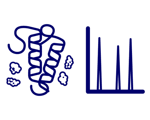 Left: abstract clenched fist formed by a spring-like coil with small puff shapes around. Right: vertical spike bar chart with three tall spikes on a baseline.