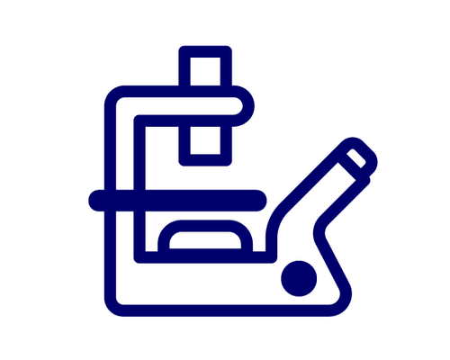 Stylized blue microscope icon representing science or lab research (informational image)