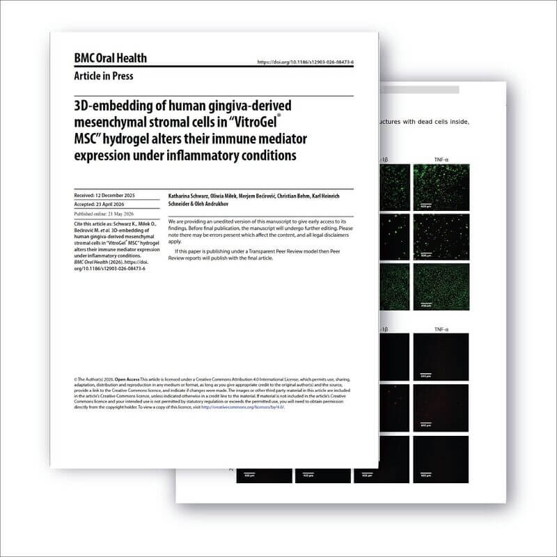 Front page of a research article: '3D-embedding of human gingiva-derived mesenchymal stromal cells in VitroGel MSC hydrogel alters their immune mediator expression under inflammatory conditions' (BMC Oral Health) with embedded article details on left and image panels on the right.