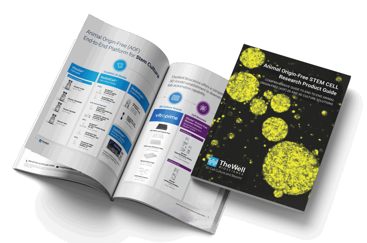 Open spread of science catalogs: a two-page design with product layouts and a dark cover featuring yellow cell-like graphics on the right.