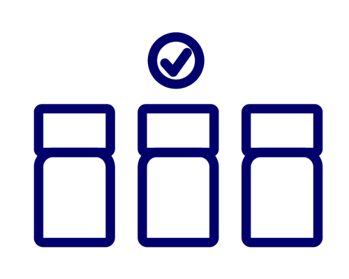 Three stacked rounded rectangles in a row with a checkmark circle above, symbolizing completion or approval of all three items.