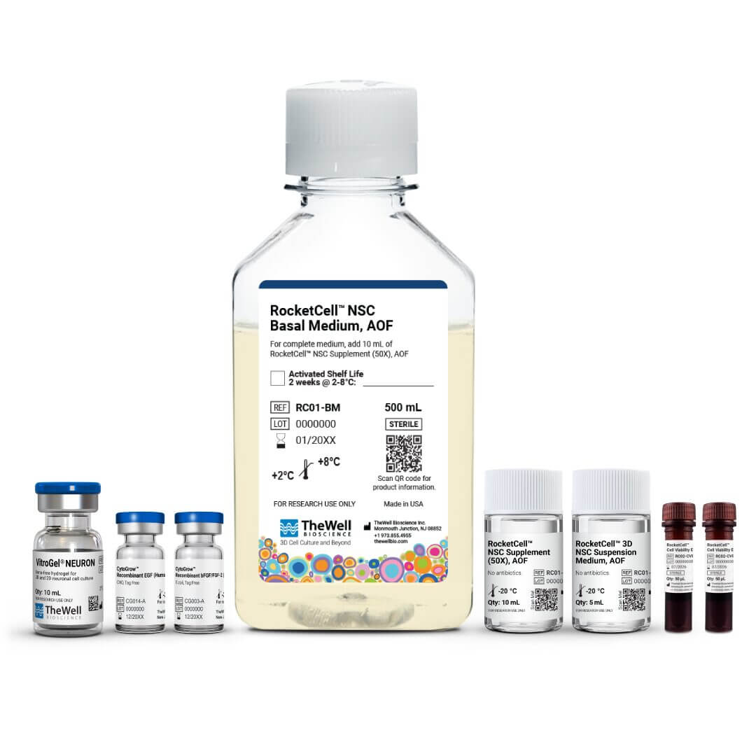 Large clear bottle labeled RocketCell NSC Basal Medium, AOF, surrounded by smaller lab vials for research use? (informational image)