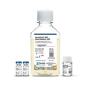 Basal medium kit for cell culture (RocketCell NSC Basal Medium, AOF) with a large bottle and two small vials on the side
