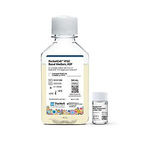Large bottle of RocketCell iPSC Basal Medium, AOF (500 mL) with a smaller RocketCell iPSC Supplement vial beside it, both for stem cell culture.