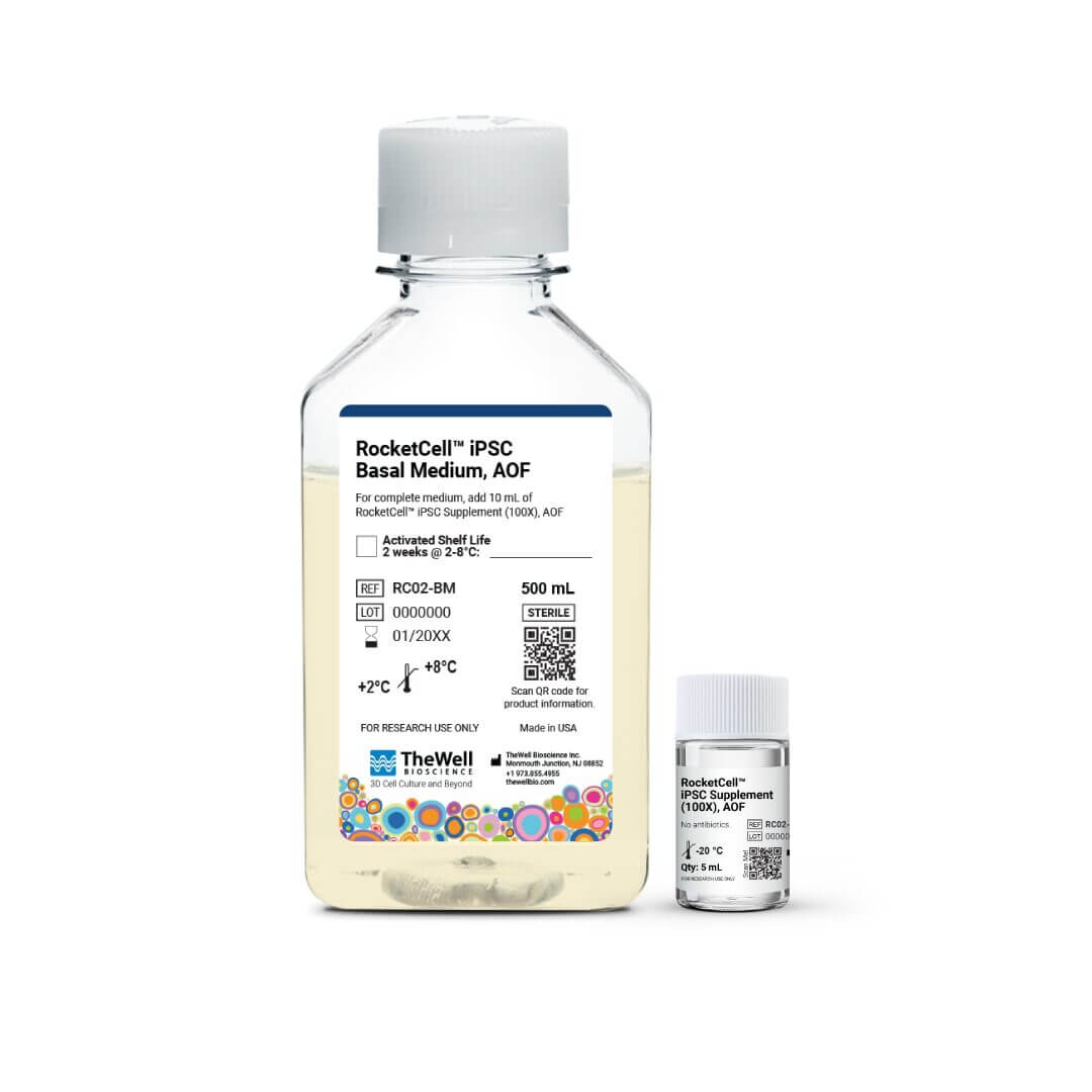 Large bottle of RocketCell iPSC Basal Medium, AOF (500 mL) with a smaller RocketCell iPSC Supplement vial beside it, both for stem cell culture.