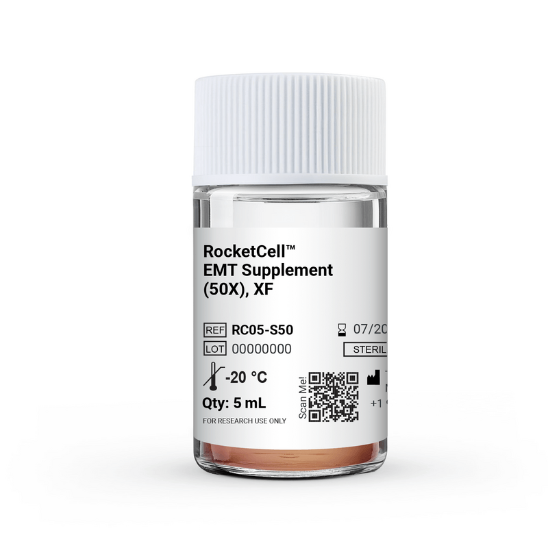 Bottle labeled RocketCell EMT Supplement (50X), XF—5 mL, -20°C, for research use only.