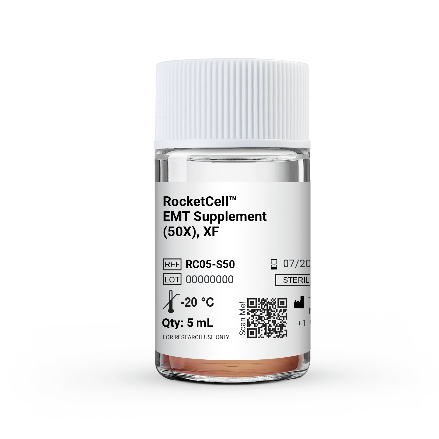 Bottle labeled RocketCell EMT Supplement (50X), XF—5 mL, -20°C, for research use only.