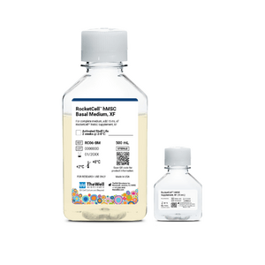Two RocketCell hMSC Basal Medium XF bottles (500 mL and 15 mL) with white caps, for research use only, labeled with colorful bottom pattern.
