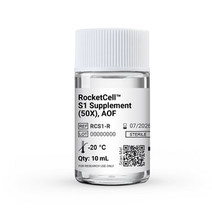 Clear glass vial with white cap, labeled 'RocketCell S1 Supplement (50x), AOF' for research use only, sterile
