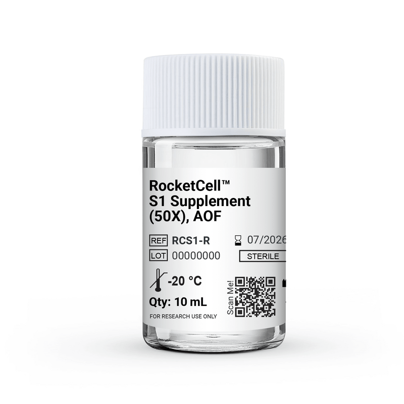 Clear glass vial with white cap, labeled 'RocketCell S1 Supplement (50x), AOF' for research use only, sterile
