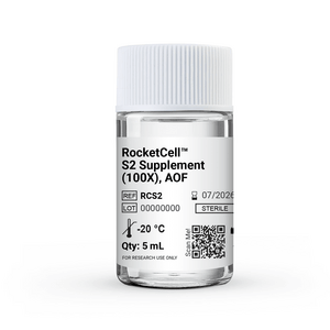 Bottle of RocketCell S2 Supplement (100X), AOF with white label and QR code on the side.