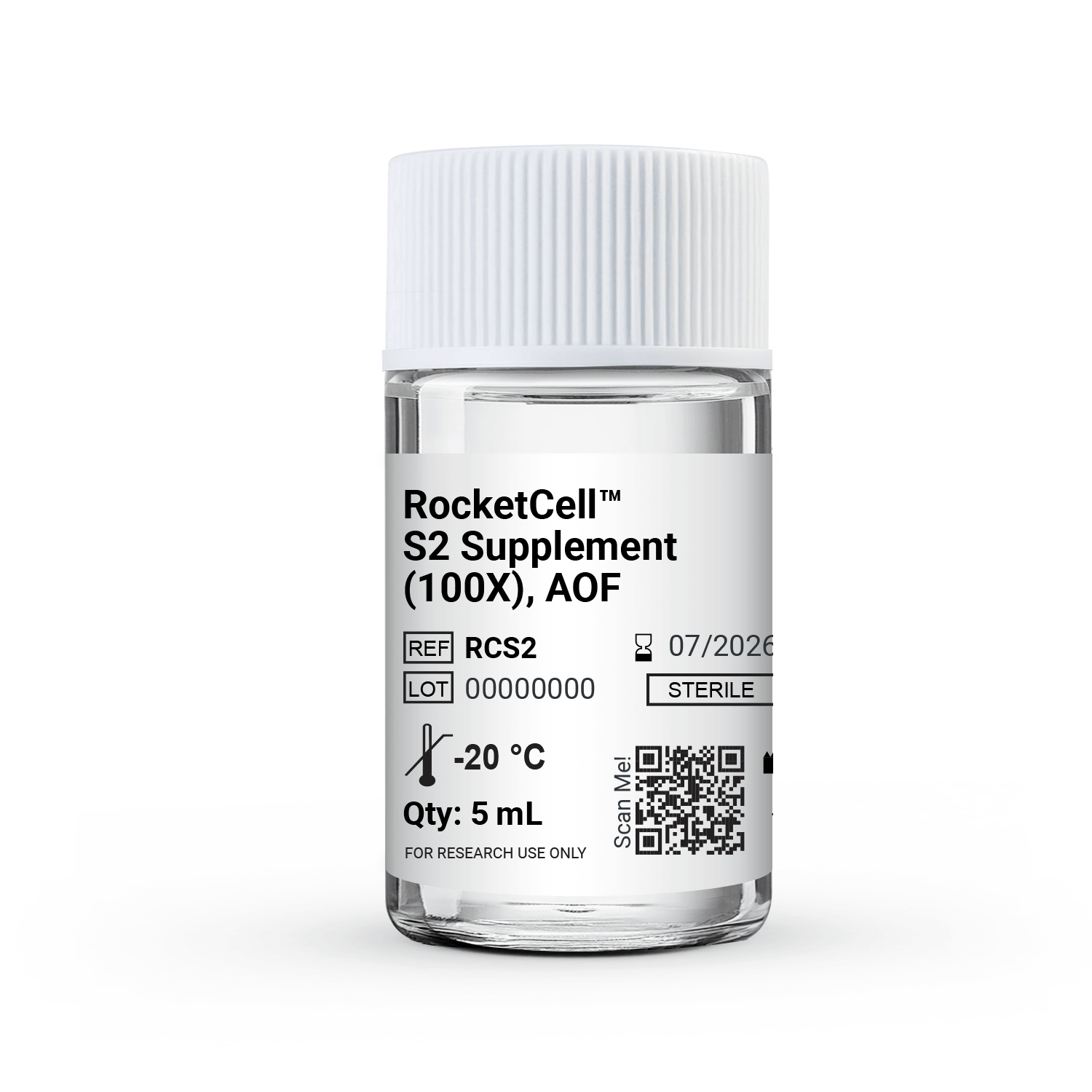 Bottle of RocketCell S2 Supplement (100X), AOF with white label and QR code on the side.