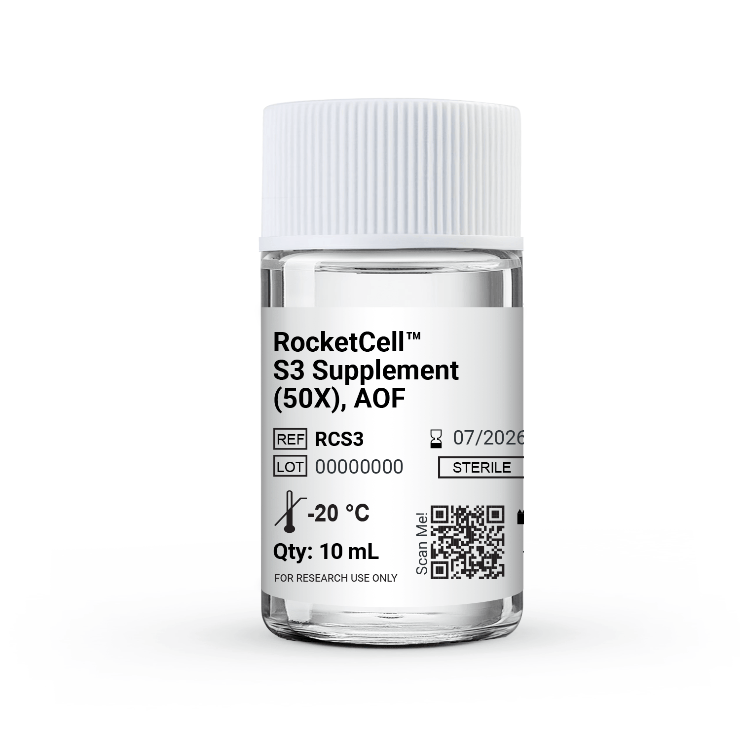 Vial with white cap labeled 'RocketCell S3 Supplement (50X), AOF' — sterile, -20°C, 10 mL; REF RCS3, LOT 00000000; QR code; FOR RESEARCH USE ONLY