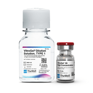 Two lab reagent bottles: a large bottle of VitroGel Dilution Solution Type 1 with a white cap, and a smaller vial of VitroGel 3D High Concentration with a red cap deep in the image.