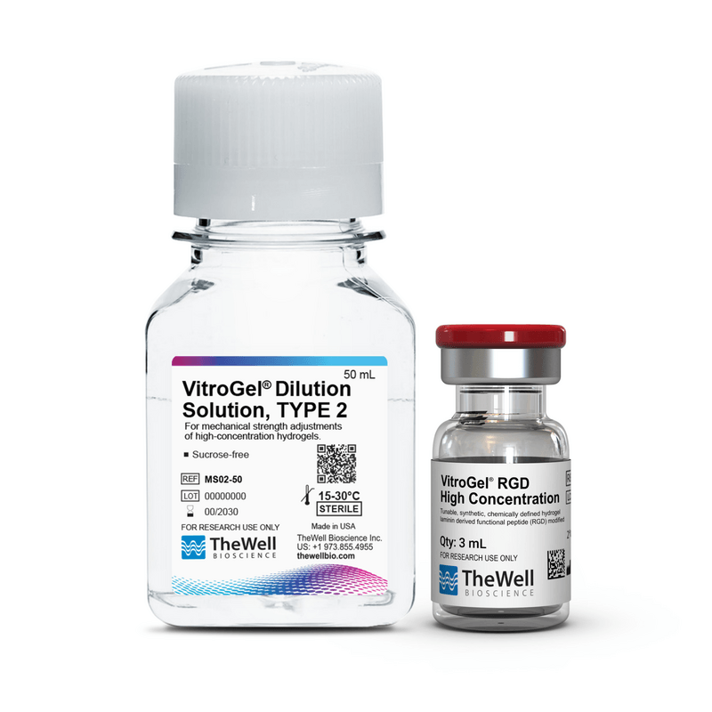 Two lab bottles: a large VitroGel Dilution Solution bottle with a white cap and a smaller VitroGel RGD High Concentration vial beside it