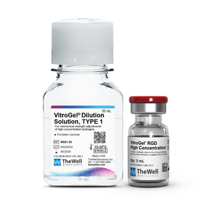 Large white-capped bottle labeled 'VitroGel Dilution Solution Type 1' next to a smaller bottle labeled 'VitroGel RGD High Concentration' on a white background.