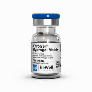 Vial with blue cap labeled VitroGel Hydrogel Matrix for research use only, TheWell Bioscience logo visible down the label.