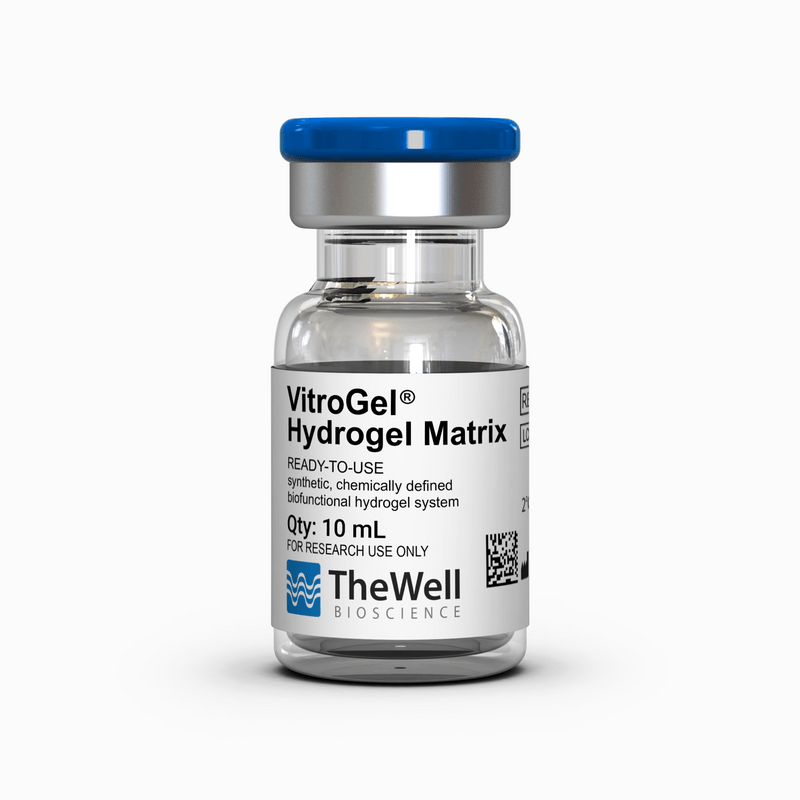Vial with blue cap labeled VitroGel Hydrogel Matrix for research use only, TheWell Bioscience logo visible down the label.
