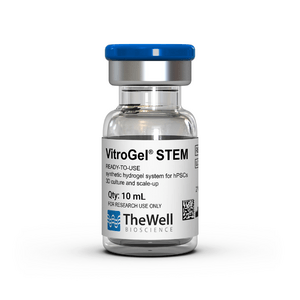 Vial labeled VitroGel STEM with a blue cap; ready-to-use synthetic hydrogel for stem cell culture (TheWell Bioscience).