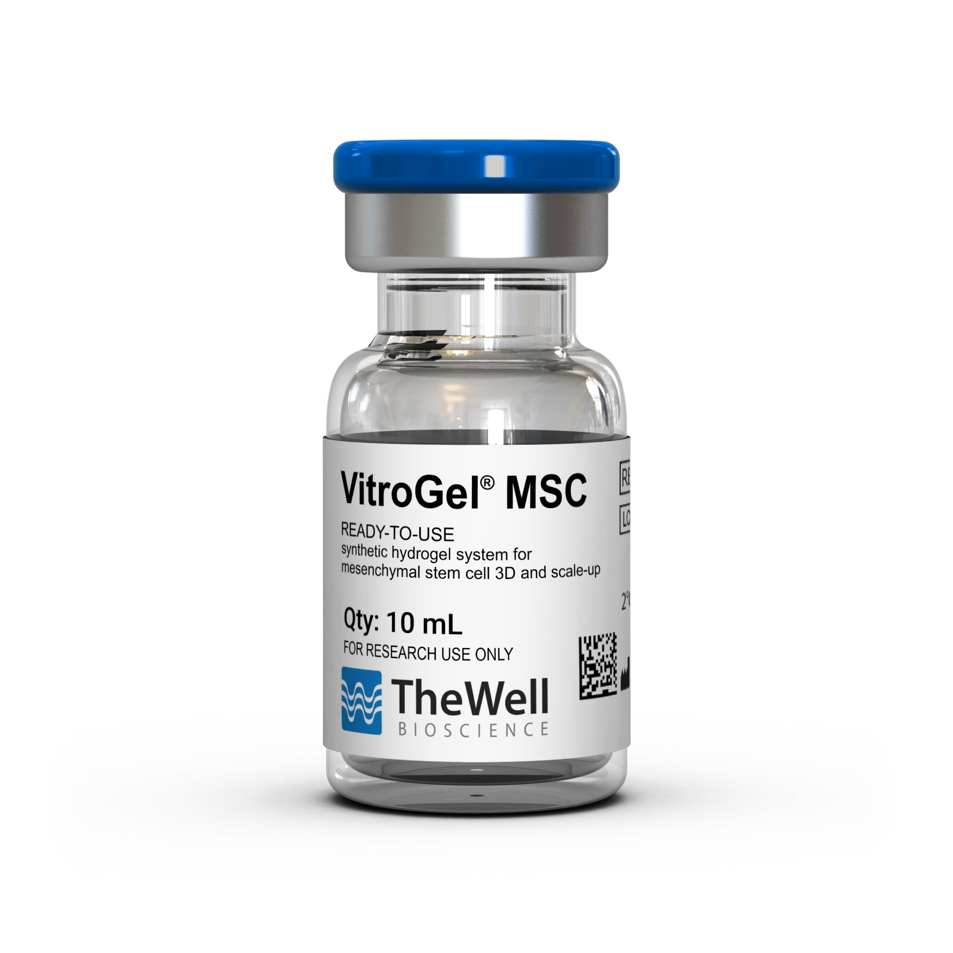 Vial with blue cap and label showing VitroGel MSC ready-to-use hydrogel for mesenchymal stem cells; 0?10 mL for research use only.