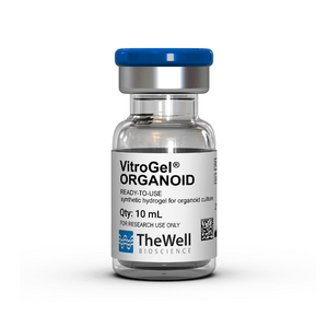 Vial with blue cap labeled VitroGel ORGANOID ready-to-use hydrogel for organoid culture; 10 mL, for research use only; TheWell Bioscience logo visible.