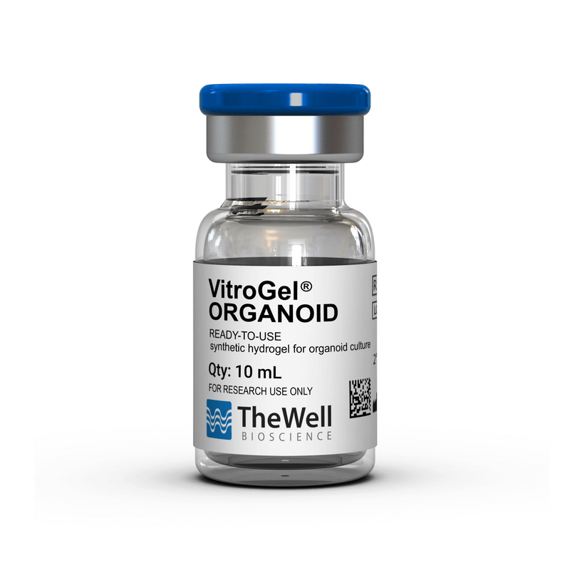 Vial with blue cap labeled VitroGel ORGANOID ready-to-use hydrogel for organoid culture; 10 mL, for research use only; TheWell Bioscience logo visible.