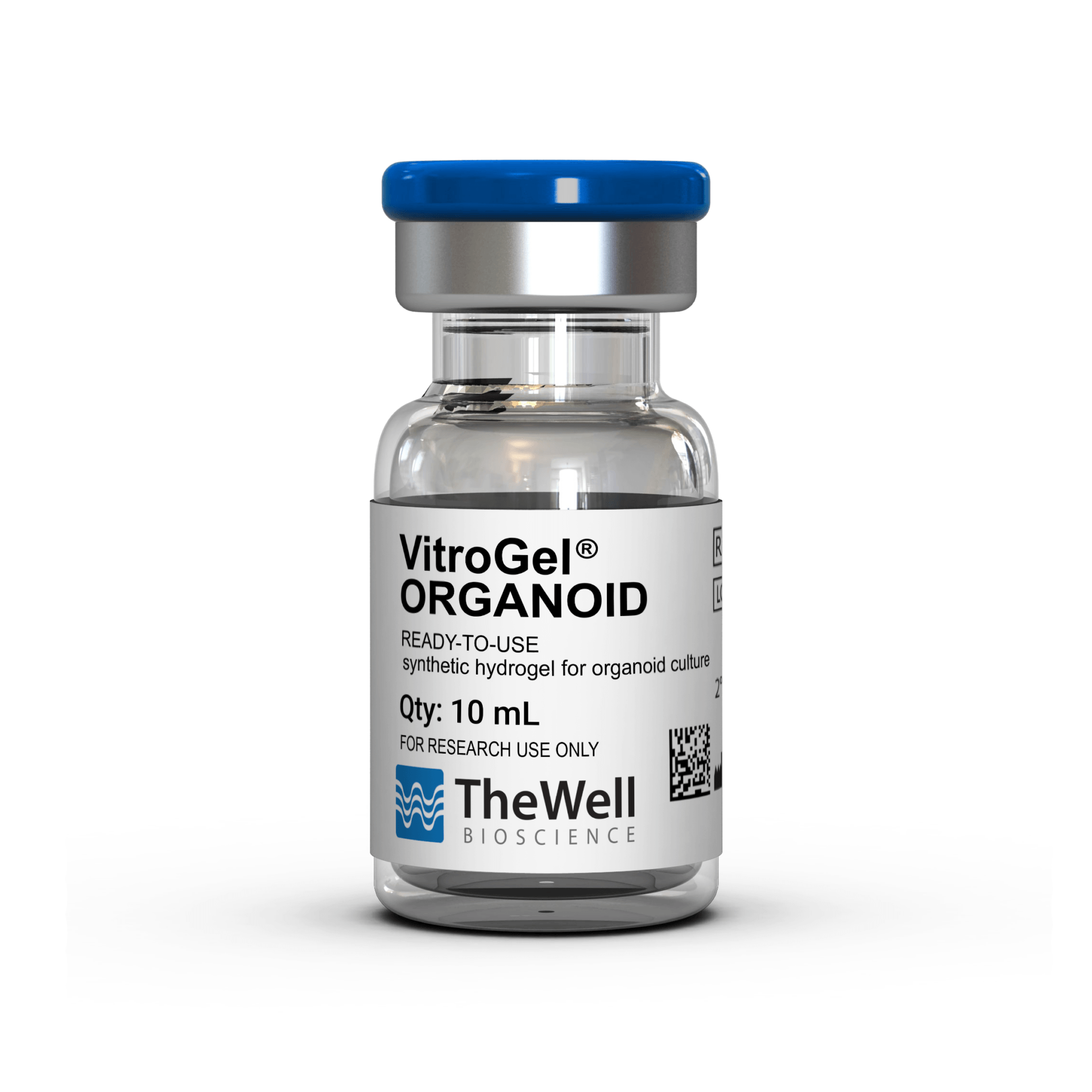 Vial with blue cap labeled VitroGel ORGANOID ready-to-use hydrogel for organoid culture; 10 mL, for research use only; TheWell Bioscience logo visible.