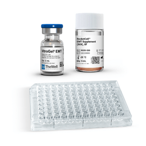Two small glass vials labeled VitroGel EMT and RocketCell EMT supplement next to a clear 96-well microplate on a white background, ready for cell culture work.