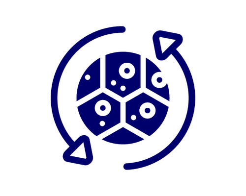 Blue circular cycling icon showing a central hexagonal cell pattern with multiple smaller circles, surrounded by two curved arrows indicating rotation or process flow.