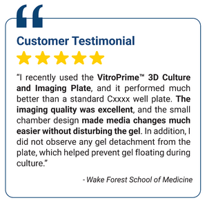 Testimonial card with five yellow stars, heading 'Customer Testimonial' and a quoted section ending with '- Wake Forest School of Medicine'.